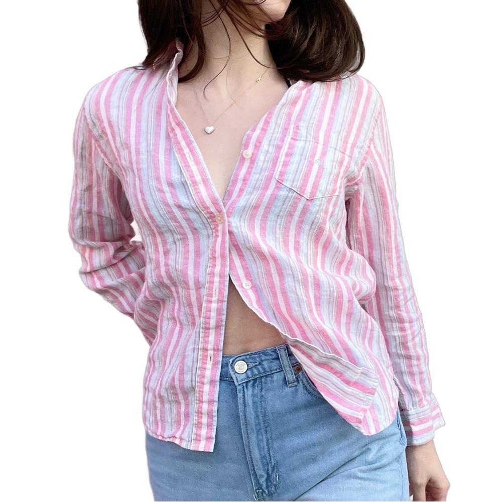 Ralph Lauren 100% Linen Coastal Beachy Striped Button Down Summer Shirt Small